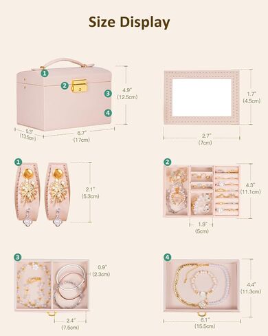 Jewelry Box for Girls Women, 3-Layer Jewelry Organizer with Mirror and Portable Handle, Small Jewellery Organizers for Young Women, Teenage Girl, 17.2 x 13.5 x 12.5 cm Pink in Saudi Arabia