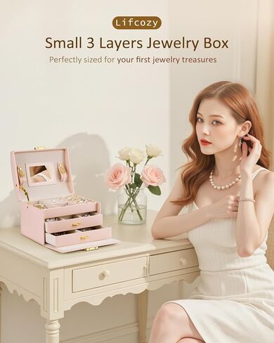 Jewelry Box for Girls Women, 3-Layer Jewelry Organizer with Mirror and Portable Handle, Small Jewellery Organizers for Young Women, Teenage Girl, 17.2 x 13.5 x 12.5 cm Pink in Saudi Arabia