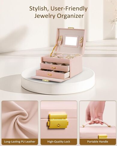 Jewelry Box for Girls Women, 3-Layer Jewelry Organizer with Mirror and Portable Handle, Small Jewellery Organizers for Young Women, Teenage Girl, 17.2 x 13.5 x 12.5 cm Pink in Saudi Arabia