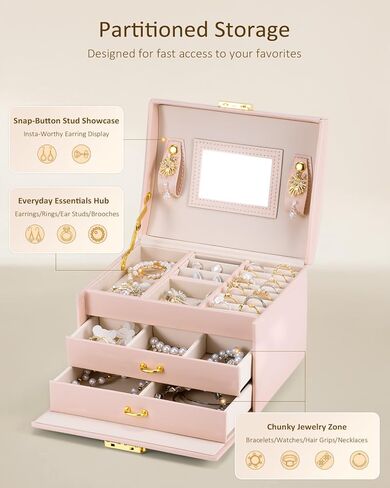 Jewelry Box for Girls Women, 3-Layer Jewelry Organizer with Mirror and Portable Handle, Small Jewellery Organizers for Young Women, Teenage Girl, 17.2 x 13.5 x 12.5 cm Pink in Saudi Arabia