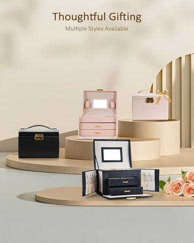 Jewelry Box for Girls Women, 3-Layer Jewelry Organizer with Mirror and Portable Handle, Small Jewellery Organizers for Young Women, Teenage Girl, 17.2 x 13.5 x 12.5 cm Pink in Saudi Arabia
