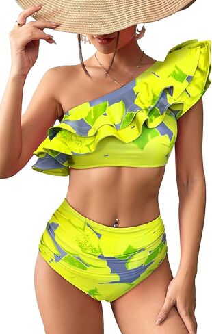 SPORLIKE Women High Waisted Swimsuit Flounce One Shoulder Bikini Padded Bathing Suit in Kuwait
