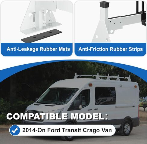 رف سقف سلم مناسب لسيارة Ford 2015-2025 Transit 150 250 350 حامل سقف سلم عالي التحمل لشاحنة البضائع، سعة تحميل 750 رطل (3 أشرطة متقاطعة) in Kuwait