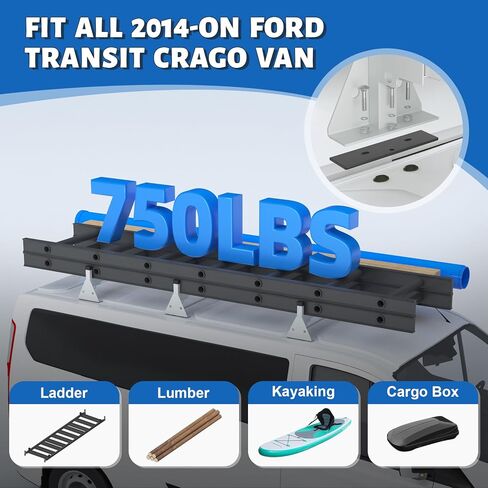 رف سقف سلم مناسب لسيارة Ford 2015-2025 Transit 150 250 350 حامل سقف سلم عالي التحمل لشاحنة البضائع، سعة تحميل 750 رطل (3 أشرطة متقاطعة) in Kuwait