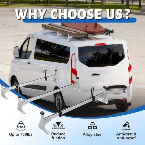 رف سقف سلم مناسب لسيارة Ford 2015-2025 Transit 150 250 350 حامل سقف سلم عالي التحمل لشاحنة البضائع، سعة تحميل 750 رطل (3 أشرطة متقاطعة) in Kuwait