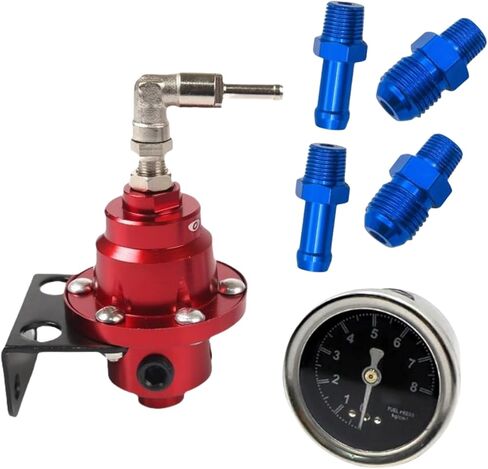 قطعة واحدة من منظم ضغط الوقود العالمي القابل للتعديل مع قطعة واحدة من مقياس مملوء بالزيت و4 موصلات مناسبة لمعظم السيارات والشاحنات (أحمر) in Kuwait