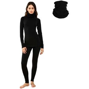 حزمة تزلج شتوية من صوف ميرينو للنساء - طبقة أساسية متوسطة الوزن مجموعة علوية وسفلية حرارية + قناع وجه برقبة من صوف ميرينو 12 اتجاهًا، ماص للرطوبة ودافئ in Kuwait