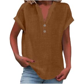 Cute Summer Tops for Women 2026 Cotton Linen Button Down Shirts Loose Fit Dressy Casual Blouses Short Sleeve Shirts in Kuwait