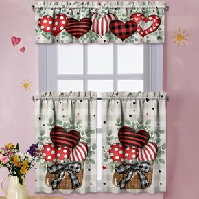 Valentines Day Kitchen Curtains Valances and Tiers 3 Piece Set,Eucalyptus Buffalo Plaid Love Hearts Farmhouse Rod Pocket Kitchen Cafe Curtain Over Sink Window for Autumn Decor 36 Inch (Pink) in Saudi Arabia