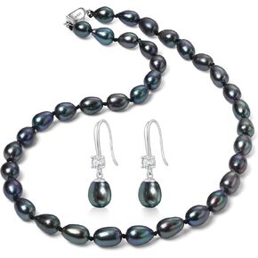 8-9MM Cultured Pearl Necklace Set Includes Bracelet and Hook Earrings, Black/White Pearl Jewelry Gift for Women Mother's Day, Anniversary, Birthday, Wedding in Kuwait