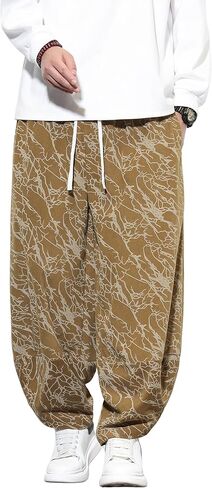 Tripleberly Mens Harem Pants Casual Baggy Japanese Hippie Boho Pants Wide Leg Beach Aladdin Drop Crotch Printed Trousers in Saudi Arabia