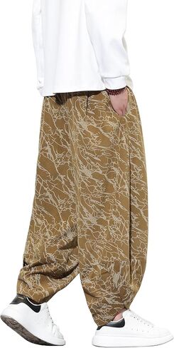 Tripleberly Mens Harem Pants Casual Baggy Japanese Hippie Boho Pants Wide Leg Beach Aladdin Drop Crotch Printed Trousers in Saudi Arabia