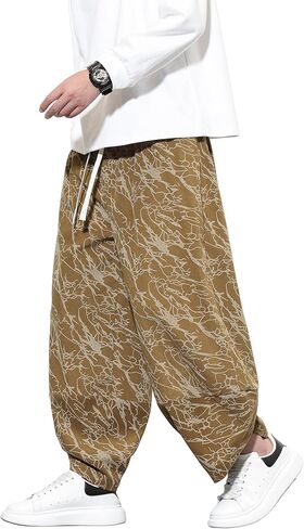 Tripleberly Mens Harem Pants Casual Baggy Japanese Hippie Boho Pants Wide Leg Beach Aladdin Drop Crotch Printed Trousers in Saudi Arabia