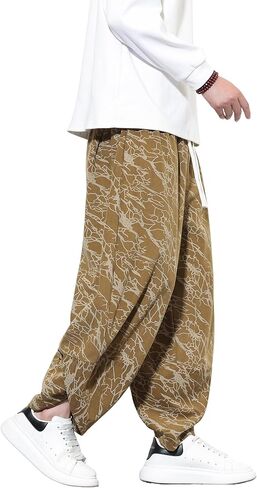 Tripleberly Mens Harem Pants Casual Baggy Japanese Hippie Boho Pants Wide Leg Beach Aladdin Drop Crotch Printed Trousers in Saudi Arabia