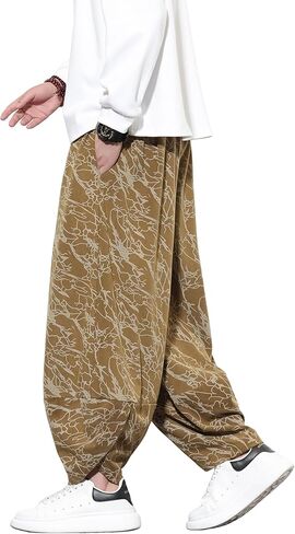 Tripleberly Mens Harem Pants Casual Baggy Japanese Hippie Boho Pants Wide Leg Beach Aladdin Drop Crotch Printed Trousers in Saudi Arabia