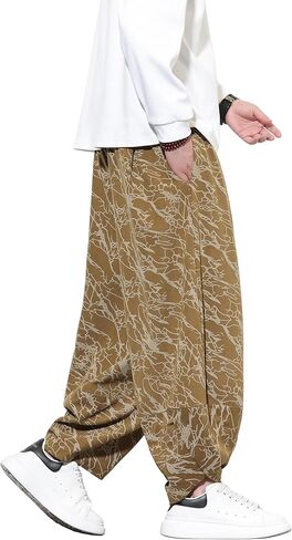 Tripleberly Mens Harem Pants Casual Baggy Japanese Hippie Boho Pants Wide Leg Beach Aladdin Drop Crotch Printed Trousers in Saudi Arabia