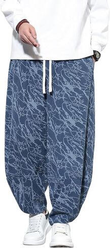 Tripleberly Mens Harem Pants Casual Baggy Japanese Hippie Boho Pants Wide Leg Beach Aladdin Drop Crotch Printed Trousers in Saudi Arabia