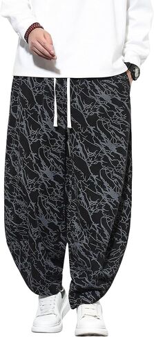 Tripleberly Mens Harem Pants Casual Baggy Japanese Hippie Boho Pants Wide Leg Beach Aladdin Drop Crotch Printed Trousers in Saudi Arabia