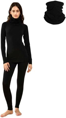 حزمة تزلج شتوية من صوف ميرينو للنساء - طبقة أساسية متوسطة الوزن مجموعة علوية وسفلية حرارية + قناع وجه برقبة من صوف ميرينو 12 اتجاهًا، ماص للرطوبة ودافئ in Kuwait