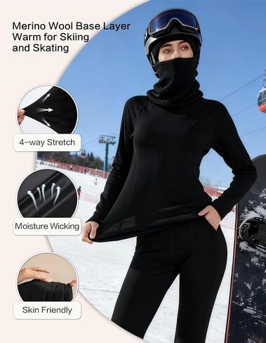 حزمة تزلج شتوية من صوف ميرينو للنساء - طبقة أساسية متوسطة الوزن مجموعة علوية وسفلية حرارية + قناع وجه برقبة من صوف ميرينو 12 اتجاهًا، ماص للرطوبة ودافئ in Kuwait