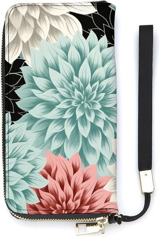 Long Wallet Waterproof PU Zipper Wallets, Dahlia Flower Printed Large Capacity Ladies Travel Purse WristletTravle Wallet in Saudi Arabia