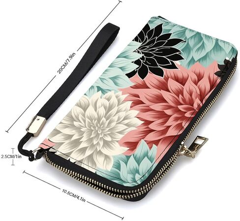 Long Wallet Waterproof PU Zipper Wallets, Dahlia Flower Printed Large Capacity Ladies Travel Purse WristletTravle Wallet in Saudi Arabia