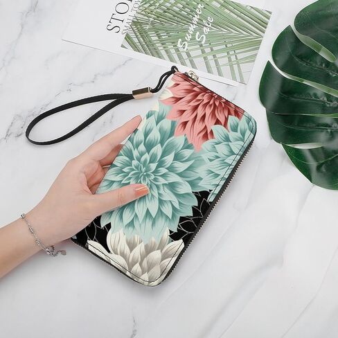 Long Wallet Waterproof PU Zipper Wallets, Dahlia Flower Printed Large Capacity Ladies Travel Purse WristletTravle Wallet in Saudi Arabia