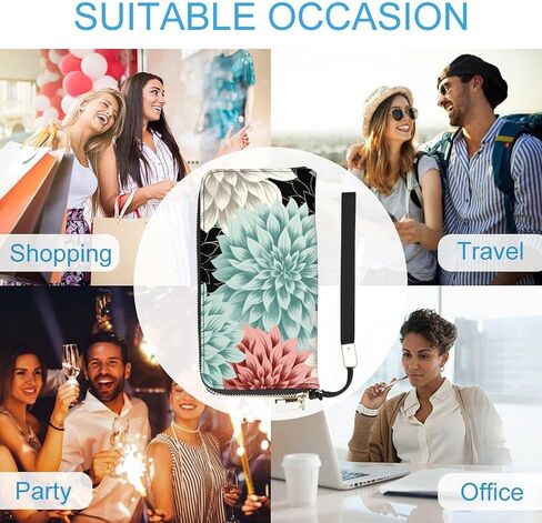 Long Wallet Waterproof PU Zipper Wallets, Dahlia Flower Printed Large Capacity Ladies Travel Purse WristletTravle Wallet in Saudi Arabia