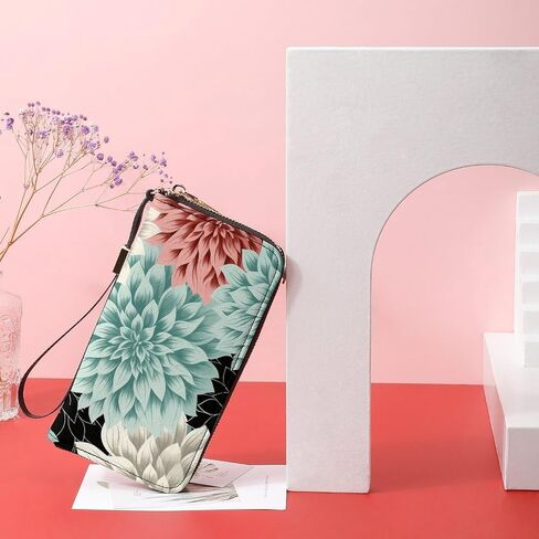 Long Wallet Waterproof PU Zipper Wallets, Dahlia Flower Printed Large Capacity Ladies Travel Purse WristletTravle Wallet in Saudi Arabia