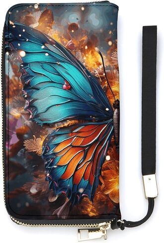 Long Wallet Waterproof PU Zipper Wallets, Color Butterfly Background Printed Large Capacity Ladies Travel Purse WristletTravle Wallet in Saudi Arabia