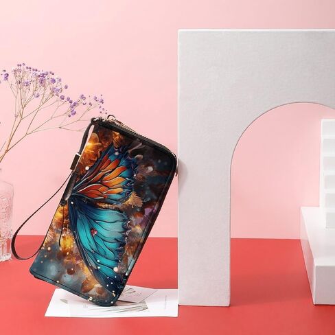 Long Wallet Waterproof PU Zipper Wallets, Color Butterfly Background Printed Large Capacity Ladies Travel Purse WristletTravle Wallet in Saudi Arabia