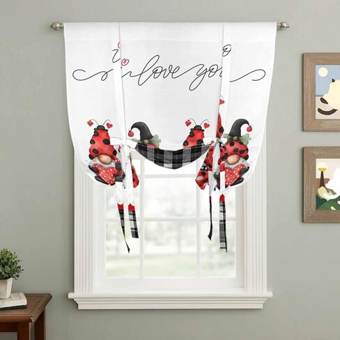 Valentine's Day Tie Up Curtains for Window, Red Gnomes Love Heart Polka Dots Black Plaid Thermal Insulated Balloon Shade Rod Pocket Curtains Valance Panels for Kitchen Bathroom Café 46'' x 63'' in Saudi Arabia
