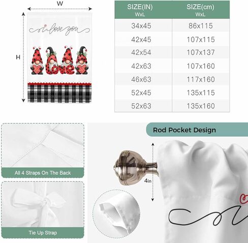 Valentine's Day Tie Up Curtains for Window, Red Gnomes Love Heart Polka Dots Black Plaid Thermal Insulated Balloon Shade Rod Pocket Curtains Valance Panels for Kitchen Bathroom Café 46'' x 63'' in Saudi Arabia