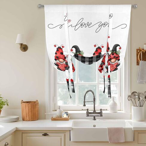 Valentine's Day Tie Up Curtains for Window, Red Gnomes Love Heart Polka Dots Black Plaid Thermal Insulated Balloon Shade Rod Pocket Curtains Valance Panels for Kitchen Bathroom Café 46'' x 63'' in Saudi Arabia