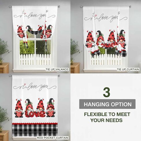 Valentine's Day Tie Up Curtains for Window, Red Gnomes Love Heart Polka Dots Black Plaid Thermal Insulated Balloon Shade Rod Pocket Curtains Valance Panels for Kitchen Bathroom Café 46'' x 63'' in Saudi Arabia