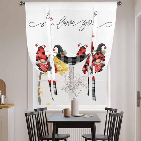 Valentine's Day Tie Up Curtains for Window, Red Gnomes Love Heart Polka Dots Black Plaid Thermal Insulated Balloon Shade Rod Pocket Curtains Valance Panels for Kitchen Bathroom Café 46'' x 63'' in Saudi Arabia