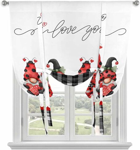 Valentine's Day Tie Up Curtains for Window, Red Gnomes Love Heart Polka Dots Black Plaid Thermal Insulated Balloon Shade Rod Pocket Curtains Valance Panels for Kitchen Bathroom Café 46'' x 63'' in Saudi Arabia