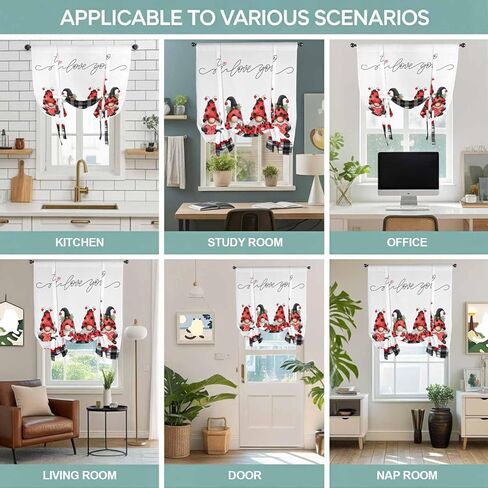 Valentine's Day Tie Up Curtains for Window, Red Gnomes Love Heart Polka Dots Black Plaid Thermal Insulated Balloon Shade Rod Pocket Curtains Valance Panels for Kitchen Bathroom Café 46'' x 63'' in Saudi Arabia