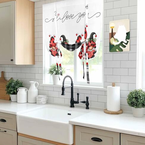 Valentine's Day Tie Up Curtains for Window, Red Gnomes Love Heart Polka Dots Black Plaid Thermal Insulated Balloon Shade Rod Pocket Curtains Valance Panels for Kitchen Bathroom Café 46'' x 63'' in Saudi Arabia