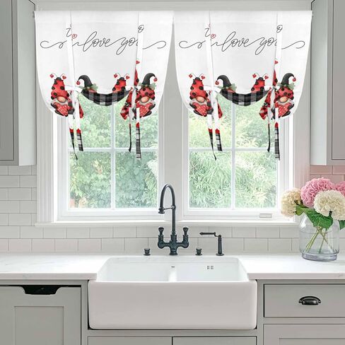 Valentine's Day Tie Up Curtains for Window, Red Gnomes Love Heart Polka Dots Black Plaid Thermal Insulated Balloon Shade Rod Pocket Curtains Valance Panels for Kitchen Bathroom Café 46'' x 63'' in Saudi Arabia