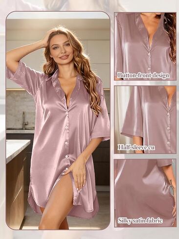 Women Nightdress Satin-Feel Button Front Sleep Shirt Sexy Lounge Wear in Saudi Arabia