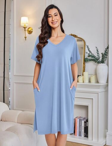 Ekouaer Plus Size Night Shirts Bamboo Viscose Women's Sleep Shirts Comfy Nightgown for Women with Pockets Light Blue 3XL in Saudi Arabia