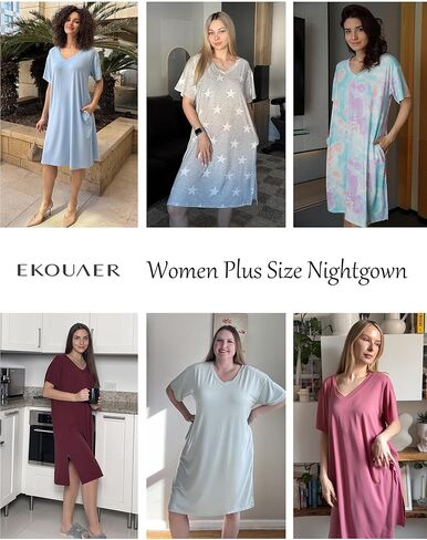 Ekouaer Plus Size Night Shirts Bamboo Viscose Women's Sleep Shirts Comfy Nightgown for Women with Pockets Light Blue 3XL in Saudi Arabia