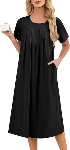 Womens Long Nightgowns with Pockets Short Sleeve House Dress Pleated Front Night Gowns Soft Nightshirt Loungewear in Saudi Arabia