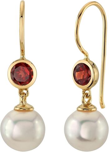 Peora 14K Yellow Gold 8mm Freshwater Cultured White Pearl and Genuine Garnet Drop Earrings for Women, January Birthstone, Fish Hooks, Red Garnet Earrings, Fine Gold Jewelry in Saudi Arabia