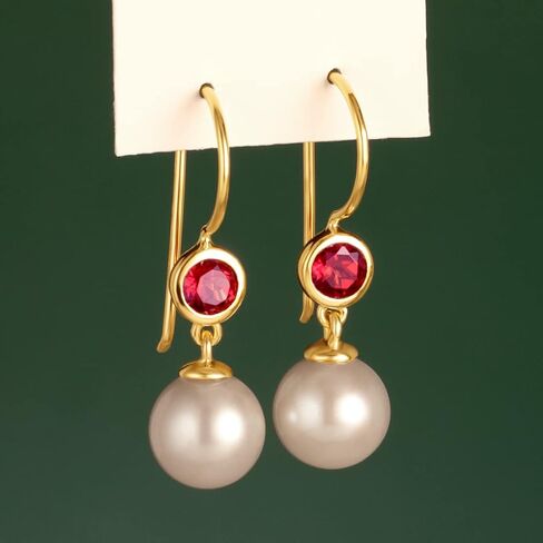 Peora 14K Yellow Gold 8mm Freshwater Cultured White Pearl and Genuine Garnet Drop Earrings for Women, January Birthstone, Fish Hooks, Red Garnet Earrings, Fine Gold Jewelry in Saudi Arabia