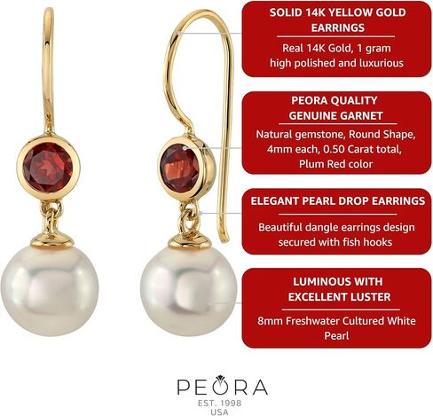 Peora 14K Yellow Gold 8mm Freshwater Cultured White Pearl and Genuine Garnet Drop Earrings for Women, January Birthstone, Fish Hooks, Red Garnet Earrings, Fine Gold Jewelry in Saudi Arabia