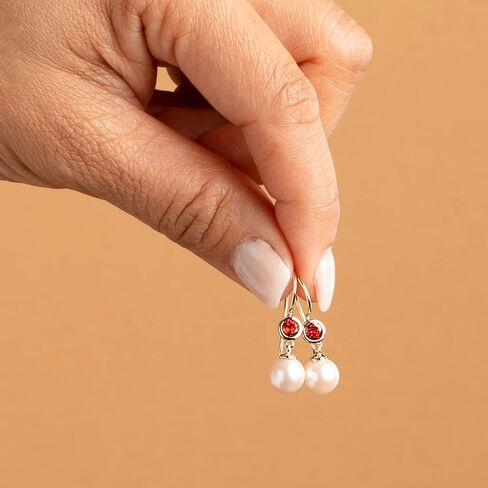 Peora 14K Yellow Gold 8mm Freshwater Cultured White Pearl and Genuine Garnet Drop Earrings for Women, January Birthstone, Fish Hooks, Red Garnet Earrings, Fine Gold Jewelry in Saudi Arabia