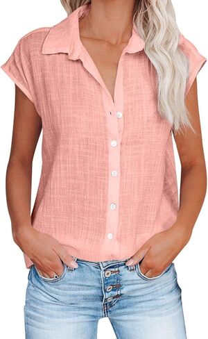Button Down Shirts for Women Short Sleeve V Neck Blouses Loose Fit Dressy Casual Blouses Summer Vacation Clothes in Saudi Arabia