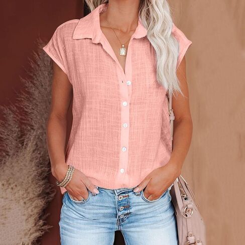 Button Down Shirts for Women Short Sleeve V Neck Blouses Loose Fit Dressy Casual Blouses Summer Vacation Clothes in Saudi Arabia